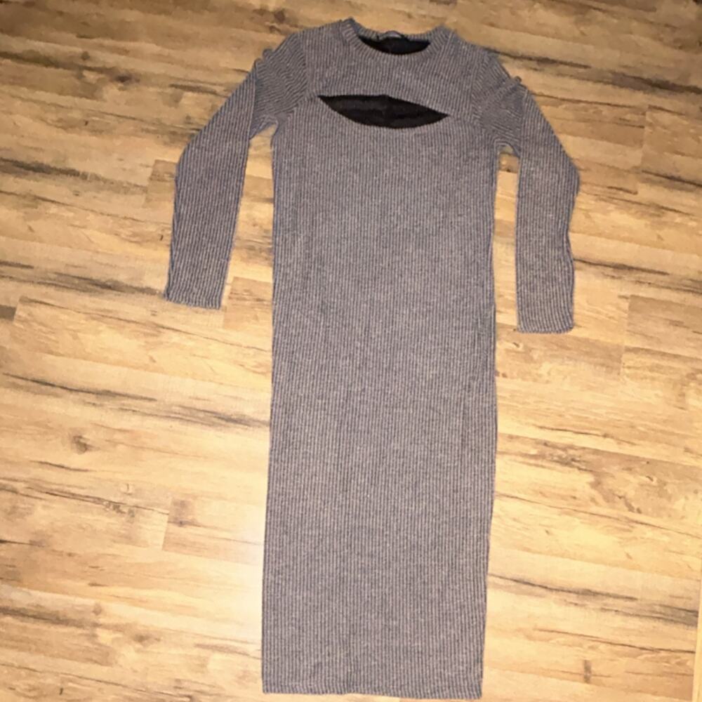 THE FIFTH LABEL Knit Cut Out Bodycon Dress Gray Long Sleeve Crew Neck Size L